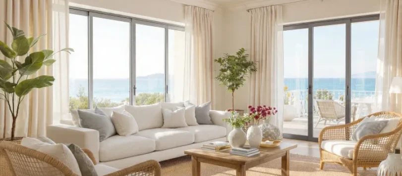 Soggiorno luminoso in stile Coastal Grandmother mediterraneo, con divano in lino beige, cuscini celeste polvere e avorio, tavolino in rovere, poltrona in rattan, tappeto in juta e vista mare al mattino