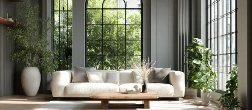 Soggiorno moderno stile japandi con pareti grigio perla, grandi finestre, divano color crema, dettagli in legno naturale e luce naturale.