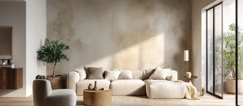 Soggiorno japandi con parete effetto celeste grigio, divano e poltrona beige tortora, travi legno