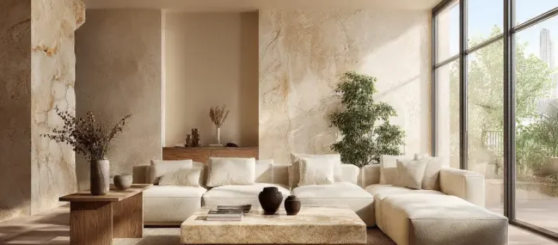 Soggiorno di lusso contemporaneo con palette calda color sabbia, pareti texture sabbia, divano in lino beige, tavolino in travertino, luce naturale da grandi finestre, arredi in legno naturale e atmosfera mediterranea elegante e rilassante