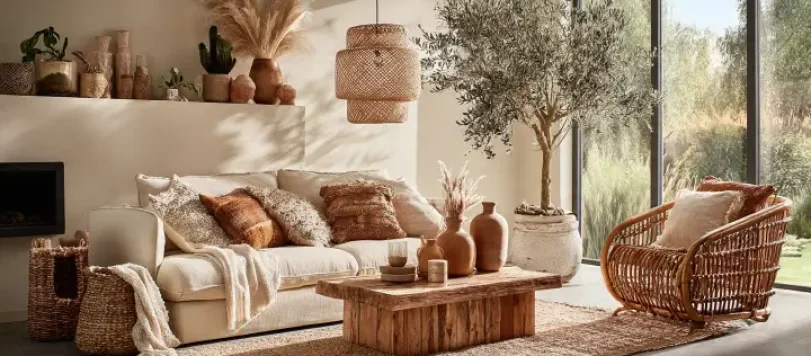 Soggiorno luxury boho ispirato a Maison du Monde con divano beige elegante, poltrona in rattan e tavolino in legno artigianale. Luce naturale calda da grandi finestre, vasi in terracotta, pampas grass e ulivo in vaso ceramica. Atmosfera sofisticata e accogliente, palette colori neutri naturali.