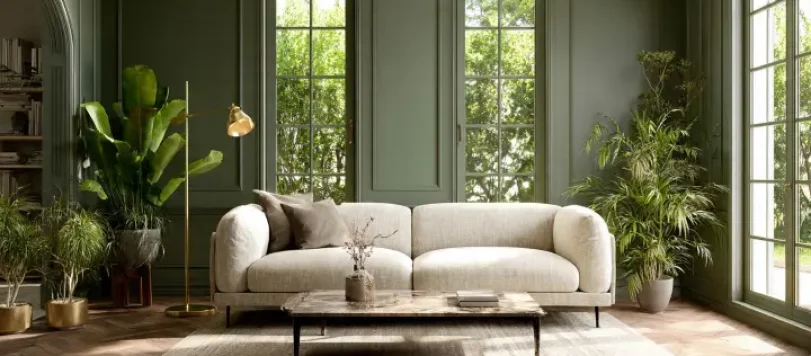 Soggiorno moderno elegante in stile Modern Organic italiano. Pareti verde oliva, grande divano in lino color crema, tavolino in travertino e parquet in rovere naturale. Lampada in ottone satinato, piante verdi e ampie finestre con luce naturale che creano un'atmosfera rilassante e sofisticata.