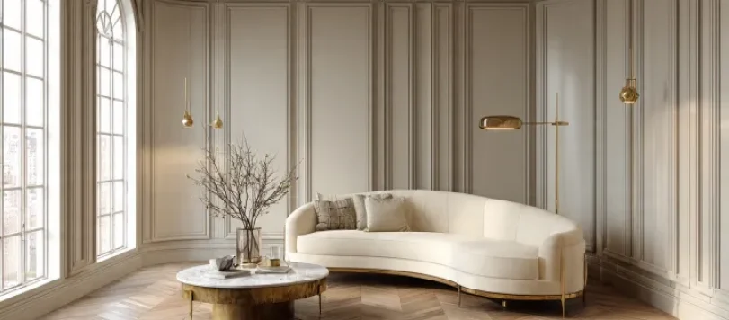 Salotto luminoso in stile Neo Deco con divano curvo color avorio, boiserie a pannelli color crema, parquet a spina di pesce, tavolino basso in marmo e lampade a sospensione in ottone lucido. Grandi finestre ad arco inondano la stanza di luce naturale.