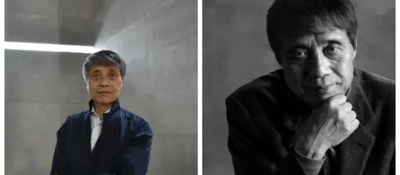 Doppio ritratto di Tadao Ando, a sinistra a colori davanti a parete in cemento a vista con taglio di luce orizzontale, a destra in bianco e nero con mano sotto il mento.