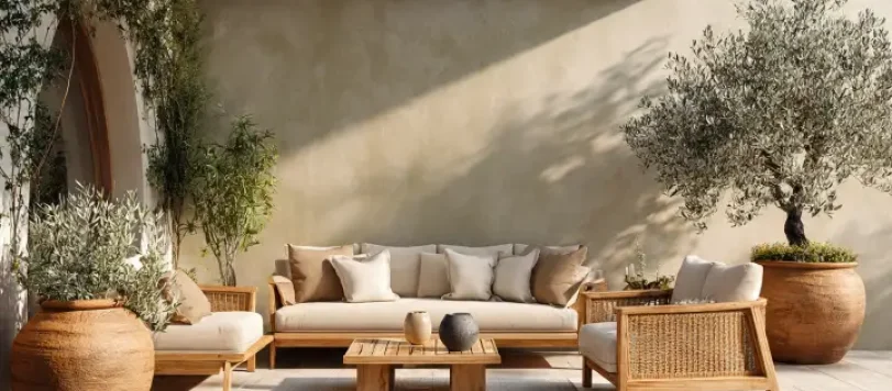 Terrazzo verde oliva mediterraneo con divano e poltrona in teak e vimini, cuscini beige, ulivi in giare di terracotta su pavimento in pietra chiara