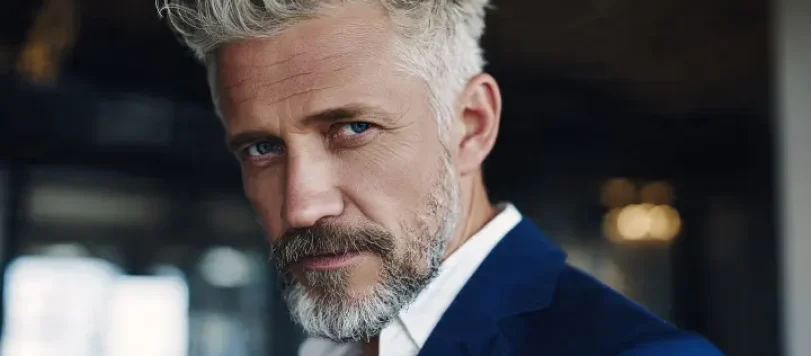 Uomo elegante tra i 50 e i 60 anni con capelli sale e pepe, barba corta curata e blazer blu navy su camicia bianca. Stile quiet luxury e silver fox in interni contemporanei luminosi, luce naturale morbida, atmosfera premium e sofisticata.