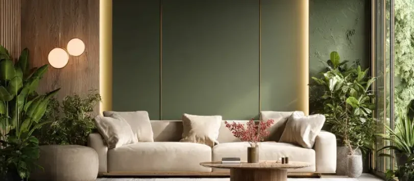Soggiorno elegante con parete verde muschio, boiserie in legno, divano beige, tavolino rotondo in legno e piante verdi